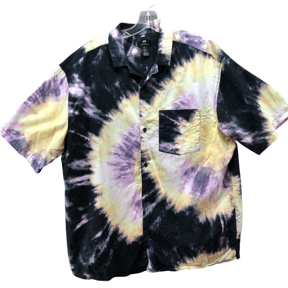 H&M Cotton Linen Shirt Mens‎ L Tie Dye Short Sleeve Button Up Purple Resort